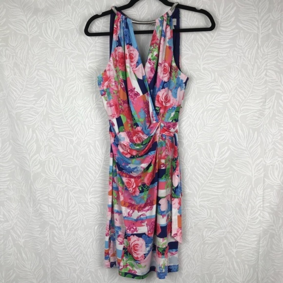 Bright floral striped faux wrap dress R20